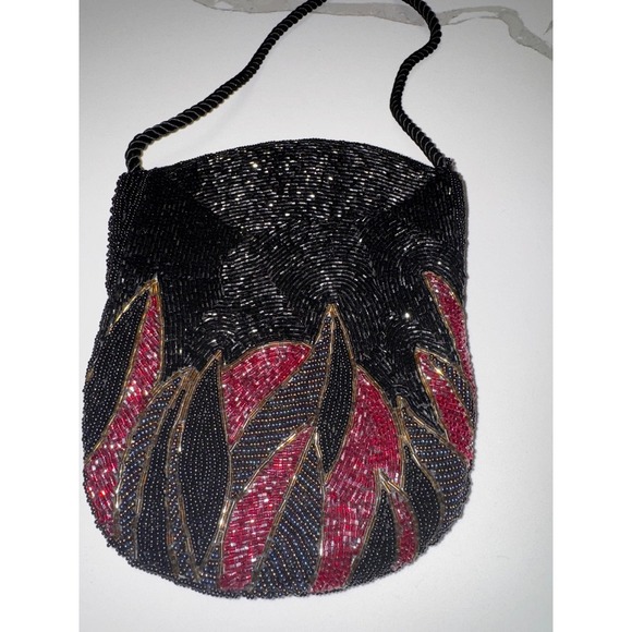 Majay Beaded Evening Bag Purse Black Red Gold Abstract Party Cocktail Vintage - Picture 6 of 6
